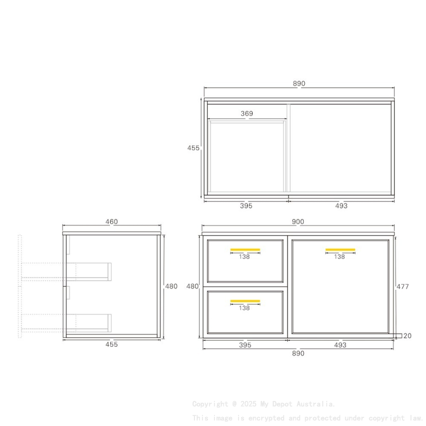 890*455*480mm Kingsley Federation Matte Black Wall Hung PVC Cabinet Left Hand Drawers