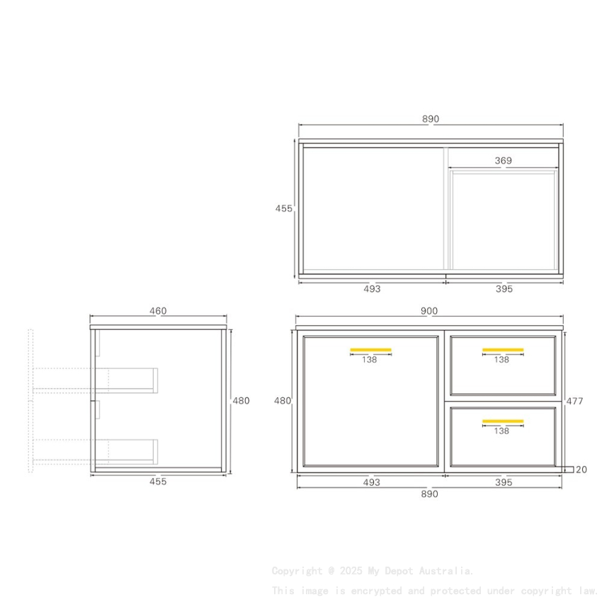 890*455*480mm Kingsley Federation Matte Black Wall Hung PVC Cabinet Right Hand Drawers