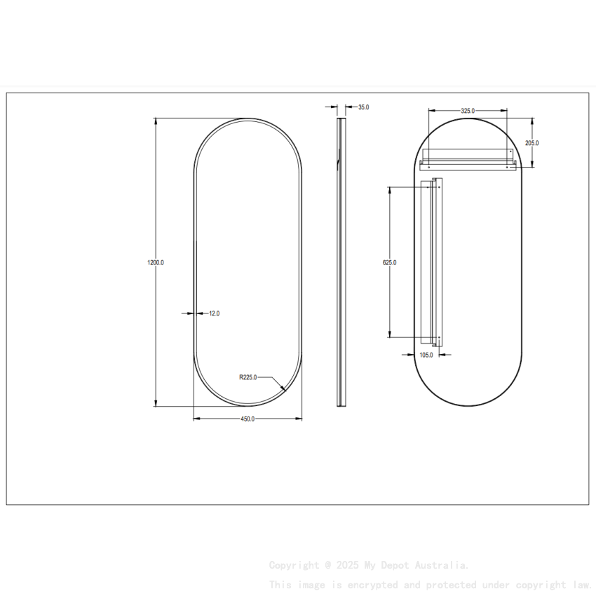 450X1200X35mm Brushed Nickel Ellips Frame Mirror
