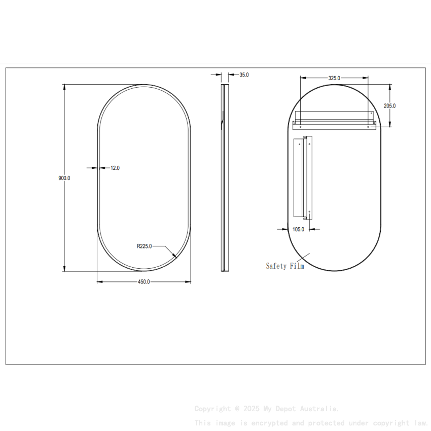 450X900X35mm Brushed Nickel Ellips Frame Mirror