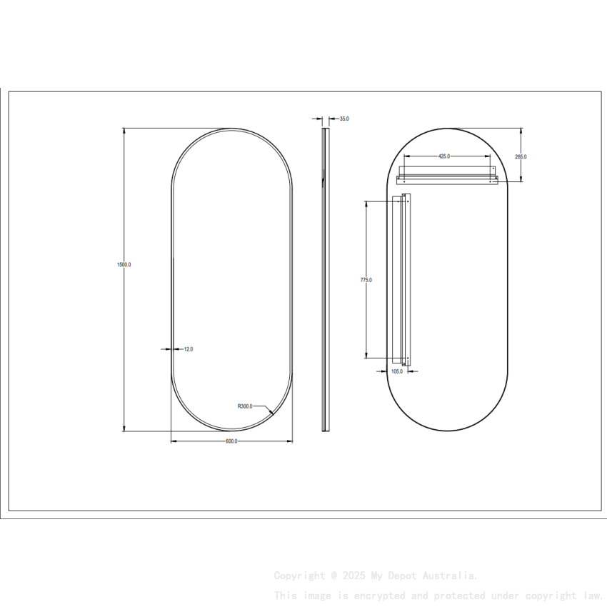 600X1500X35mm Brushed Nickel Ellips Frame Mirror