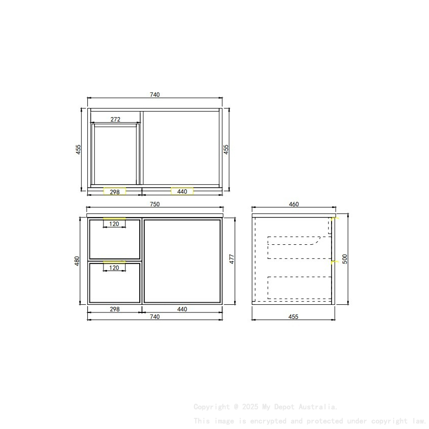 740*455*560mm Matte White Madura Federation Wall Hung PVC Cabinet Left Hand Drawers