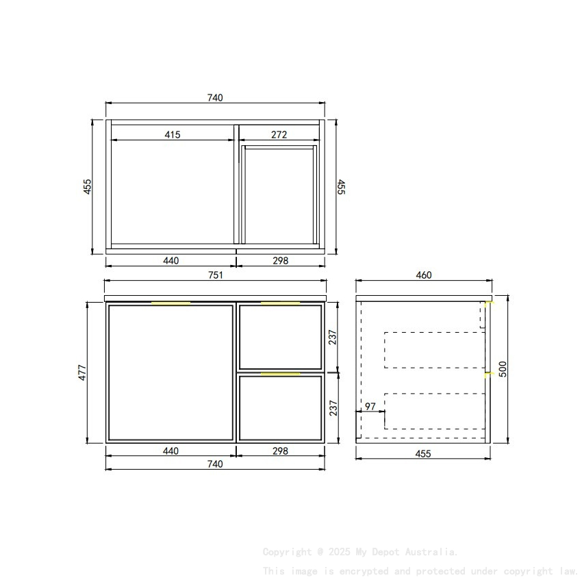 740*455*560mm Matte Black Madura Federation Wall Hung PVC Cabinet Right Hand Drawers