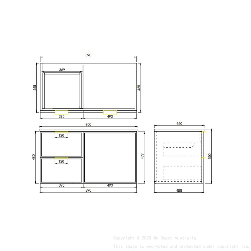890*455*560mm Matte White Madura Federation Wall Hung PVC Cabinet Left Hand Drawers