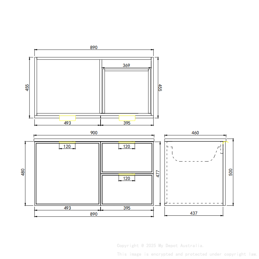 890*455*560mm Olive Green Madura Federation Wall Hung PVC Cabinet Right Hand Drawers