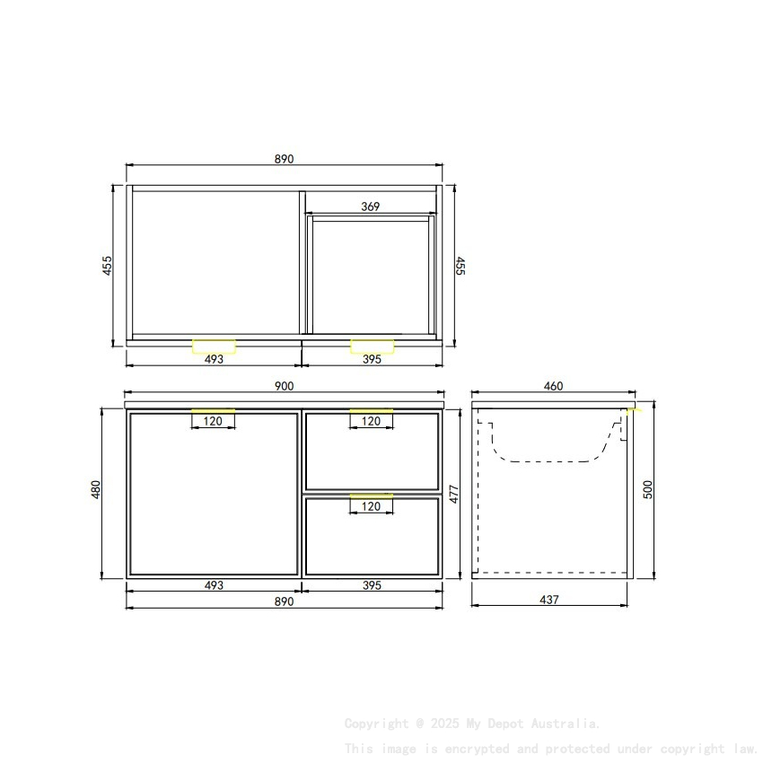 890*455*560mm Matte Black Madura Federation Wall Hung PVC Cabinet Right Hand Drawers