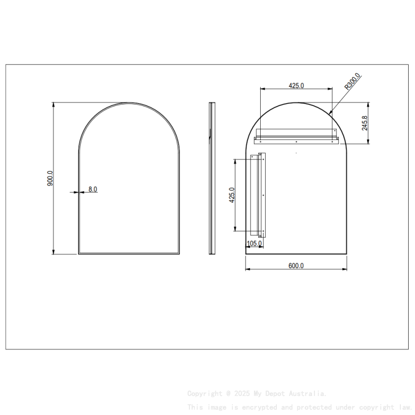 600X900X35mm Brushed Gold Arco Frame Mirror