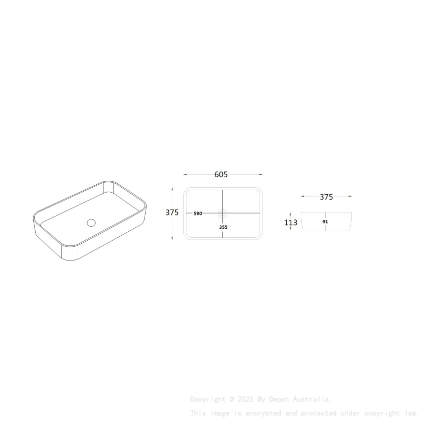 605*375*113mm Matte Black Kliff Fine Ceramic Above Counter Basin No Overflow 32mm Waste