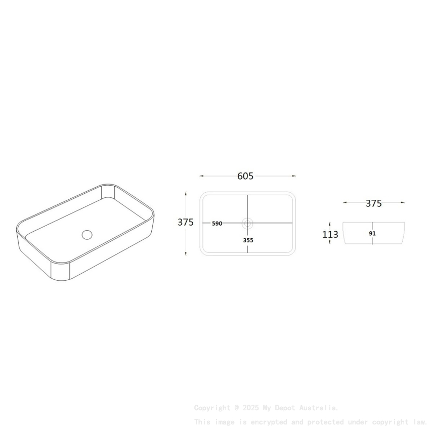 605*375*113mm Gloss White Kliff Fine Ceramic Above Counter Basin No Overflow 32mm Waste