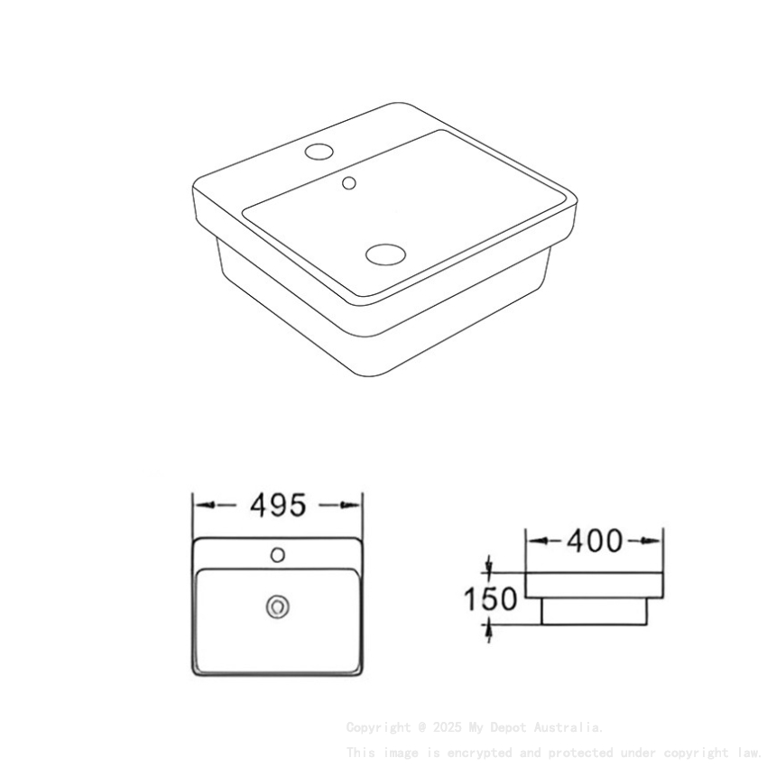 495*400*150mm Gloss White Kliff Fine Ceramic Insert Basin Tap Hole Overflow 32mm Waste