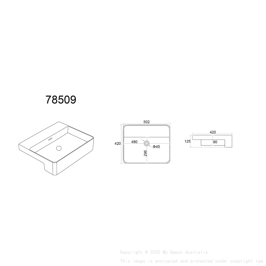 502*420*125mm Gloss White Kliff Fine Ceramic Semi Ress Basin Notap Hole Overflow 32mm Waste