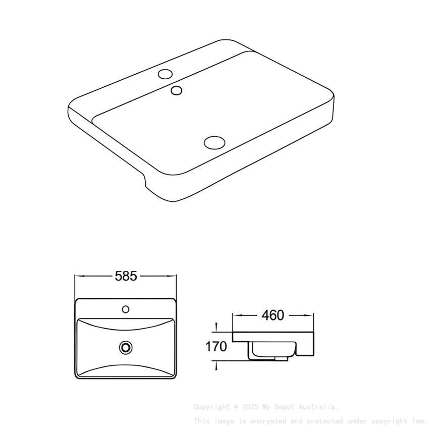 585*460*170mm Gloss White Kliff Fine Ceramic Semi Ress Basin Tap Hole Overflow 32mm Waste