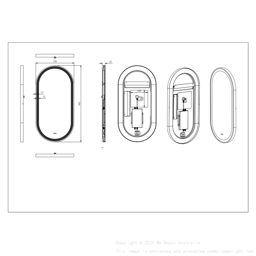 450(W)*900mm(H) Matte Black Ellips Framed LED Mirror