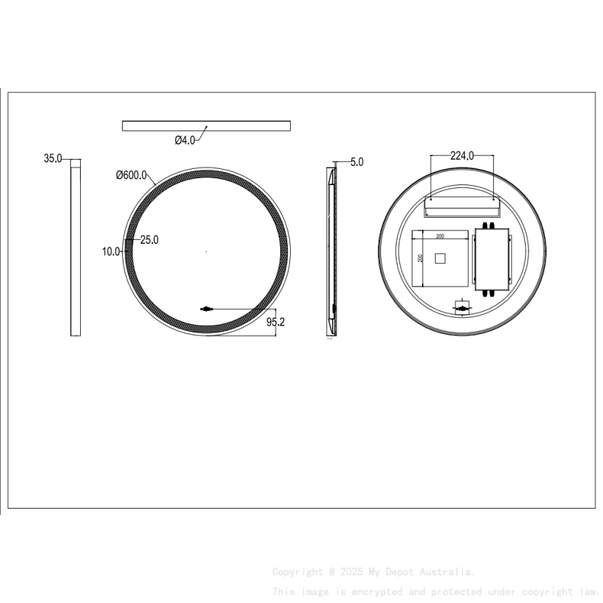 600X600X32mm Matte Black Orbis Framed LED Mirror