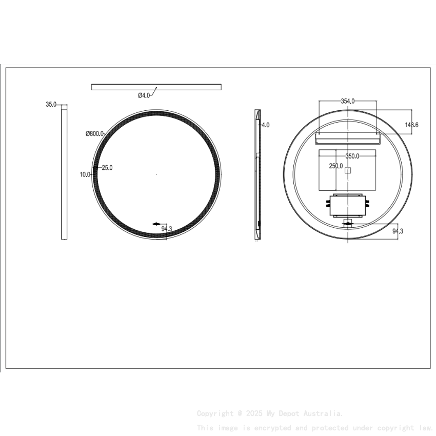 800X800X32mm Brushed Nickle Orbis Framed LED Mirror