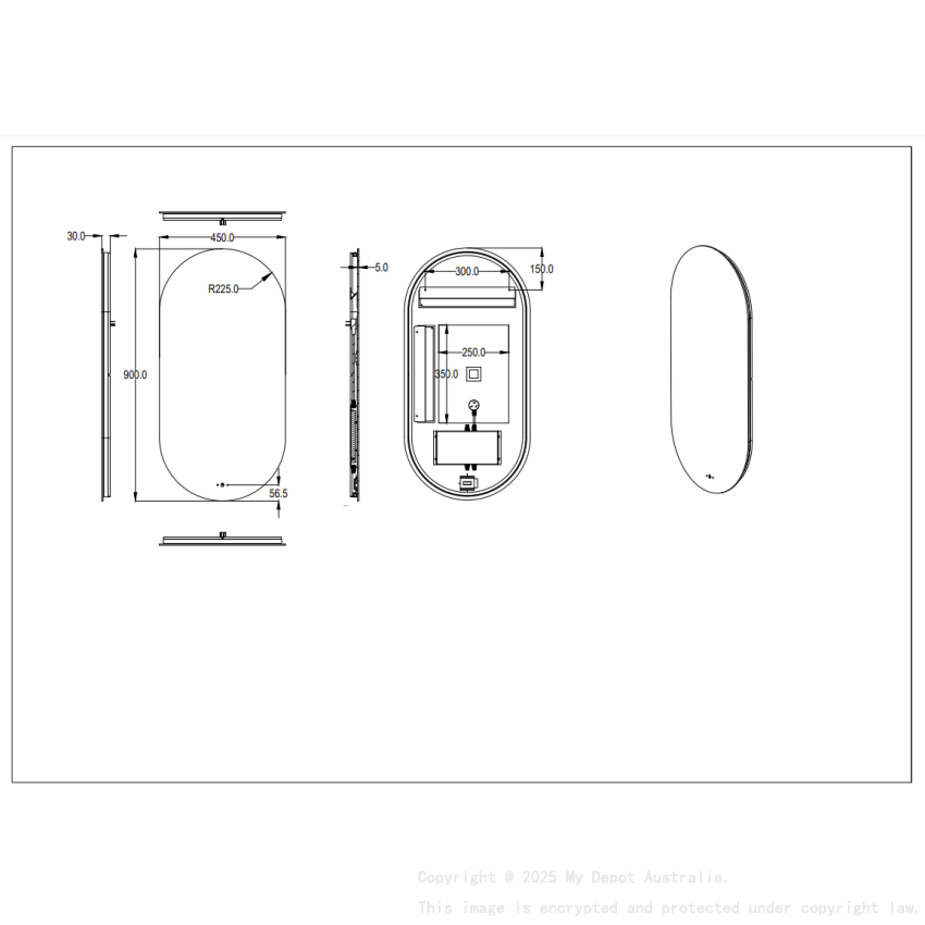 450(W)*900mm(H) Ellips LED Back Lit Mirror Pencil Edge