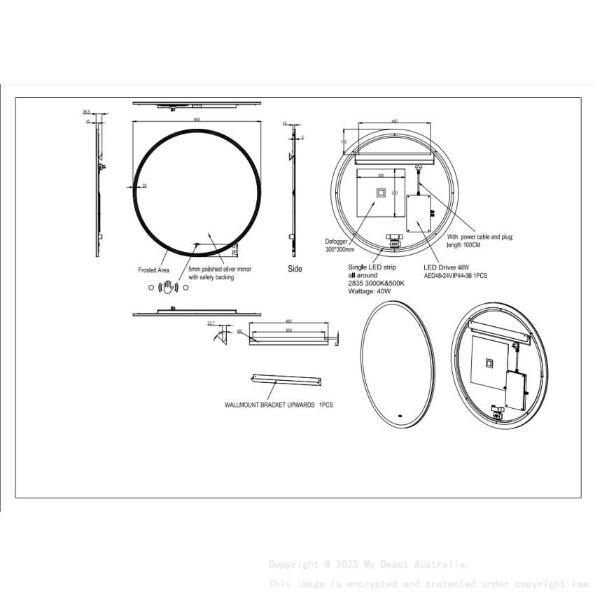800*800mm Orbis LED Back Lit Mirror With Acrylic Strip