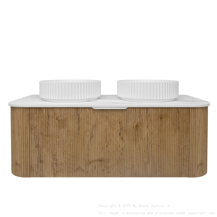 1190*493*400mm Prime Oak Agena Fluted Wood Grain Wall Hung Vanities Soft Closing Drawer Pull Out With Handle