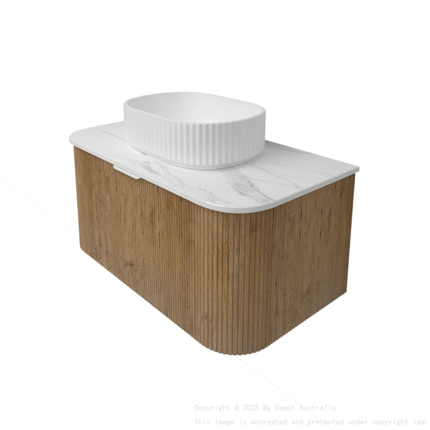 890*493*400mm Prime Oak Agena Fluted Wood Grain Wall Hung Vanities Soft Closing Drawer Pull Out With Handle