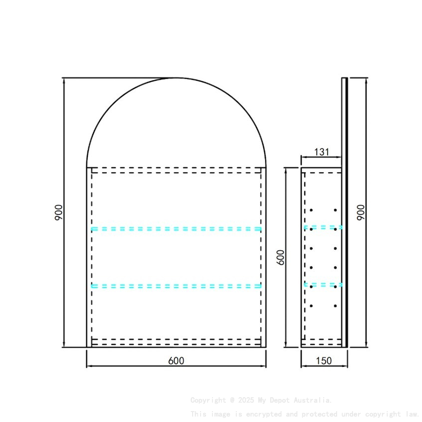600X900X150mm Matte Black Allison Arch Shaving Cabinet