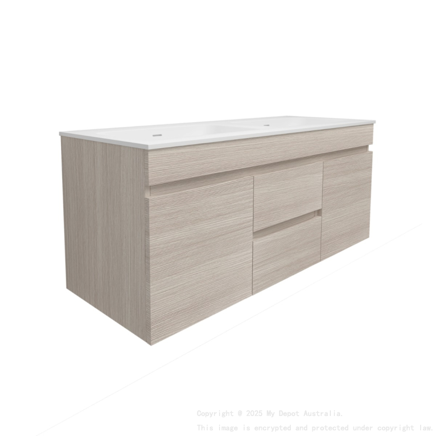 1190X455X500mm Camden Mordern Wall Hung Cabinet Coastal Oak Soft Closing Finger Pull Doors Middle Drawers