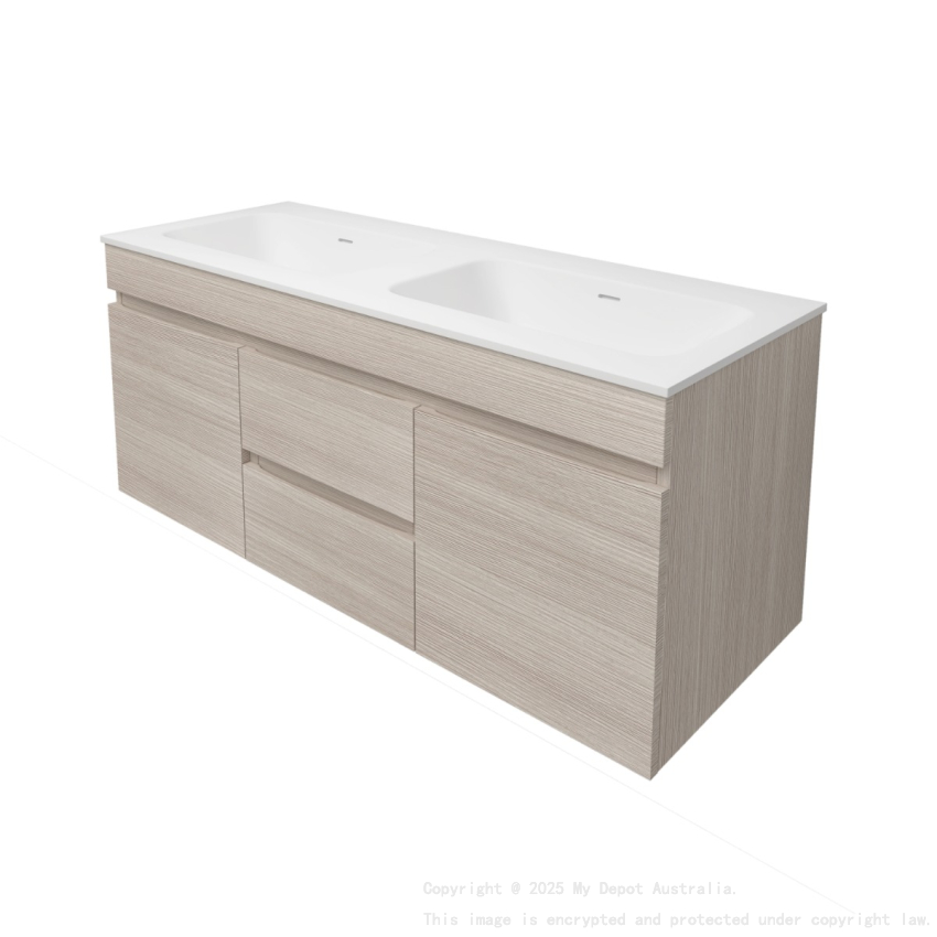 1190X455X500mm Camden Mordern Wall Hung Cabinet Coastal Oak Soft Closing Finger Pull Doors Middle Drawers