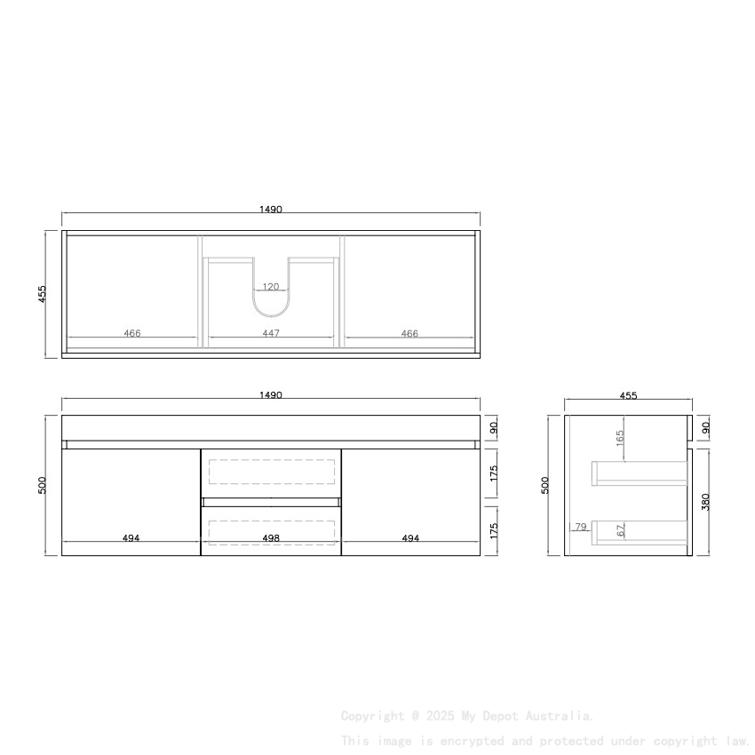 1490X455X500mm Camden Mordern Wall Hung Cabinet Prime Oak Soft Closing Finger Pull Doors Middle Drawers