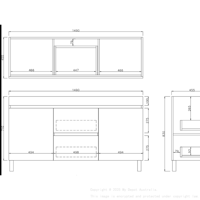 1490X455X710mm Camden Modern Free Standing Cabinet Prime Oak Soft Closing Finger Pull Doors Middle Drawers