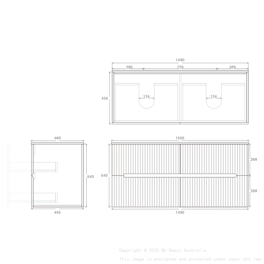 1490*455*540mm Matte Black Cabarita Morden Wall Hung PVC Cabinet For DoubleBowl Only