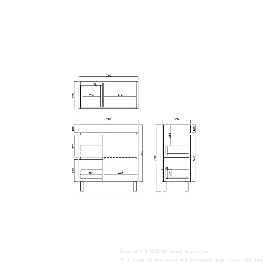 740X355X710mm Camden Modern Free Standing Cabinet Coastal Oak Soft Closing Finger Pull Door Left Hand Drawers