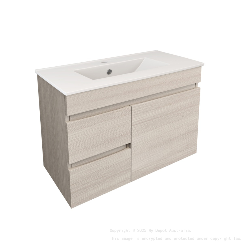 740X370X500mm Camden Modern Wall Hung Cabinet Coastal Oak Soft Closing Finger Pull Door Left Hand Drawers