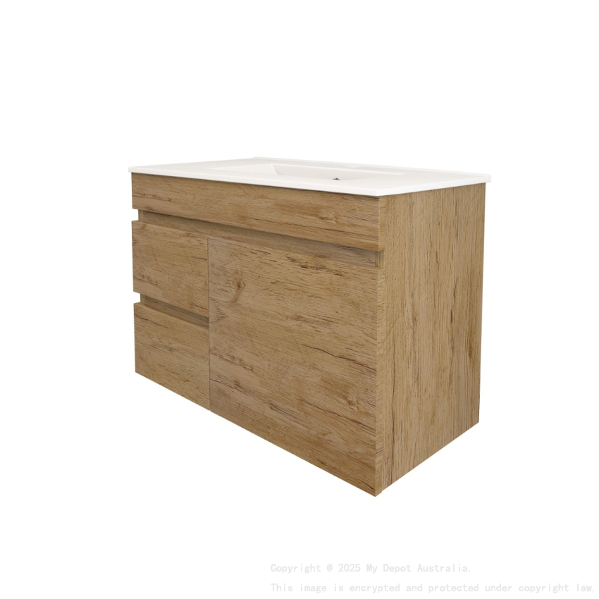 740X370X500mm Camden Modern Wall Hung Cabinet Prime Oak Soft Closing Finger Pull Door Left Hand Drawers