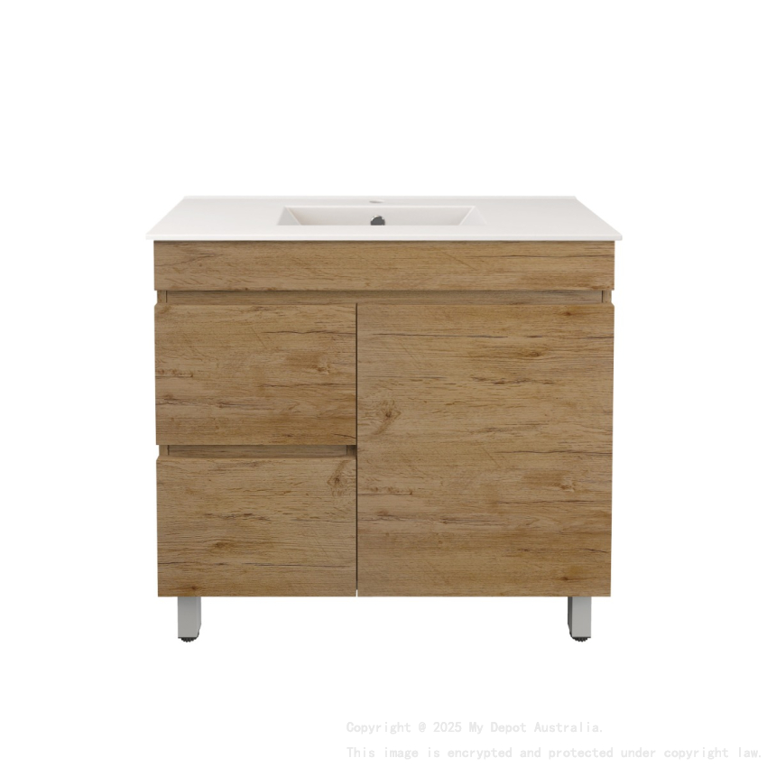 890X355X710mm Camden Modern Free Standing Cabinet Prime Oak Soft Closing Finger Pull Door Left Hand Drawers