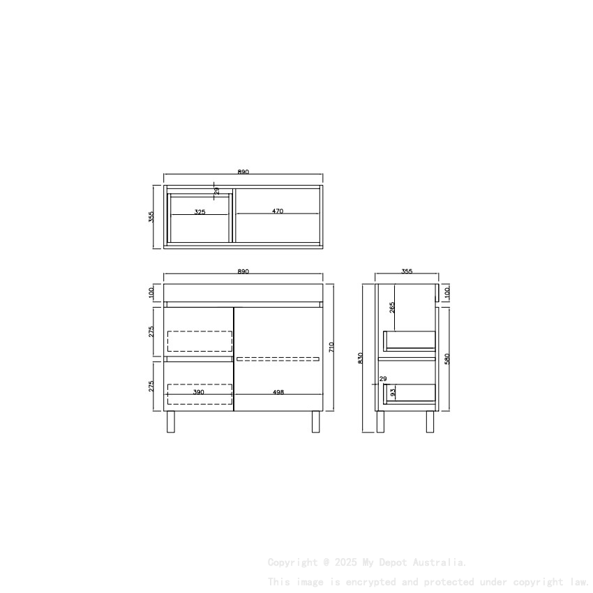 890X355X710mm Camden Modern Free Standing Cabinet Prime Oak Soft Closing Finger Pull Door Left Hand Drawers