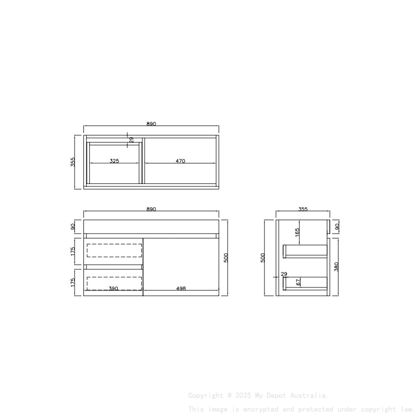890X370X500mm Camden Modern Wall Hung Cabinet Prime Oak Soft Closing Finger Pull Door Left Hand Drawers