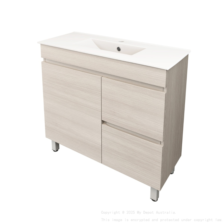 890X355X710mm Camden Modern Free Standing Cabinet Coastal Oak Soft Closing Finger Pull Door Right Hand Drawers