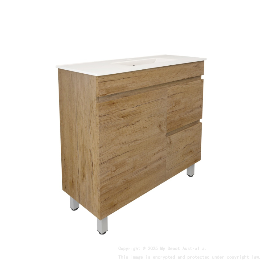 890X355X710mm Camden Modern Free Standing Cabinet Prime Oak Soft Closing Finger Pull Door Right Hand Drawers