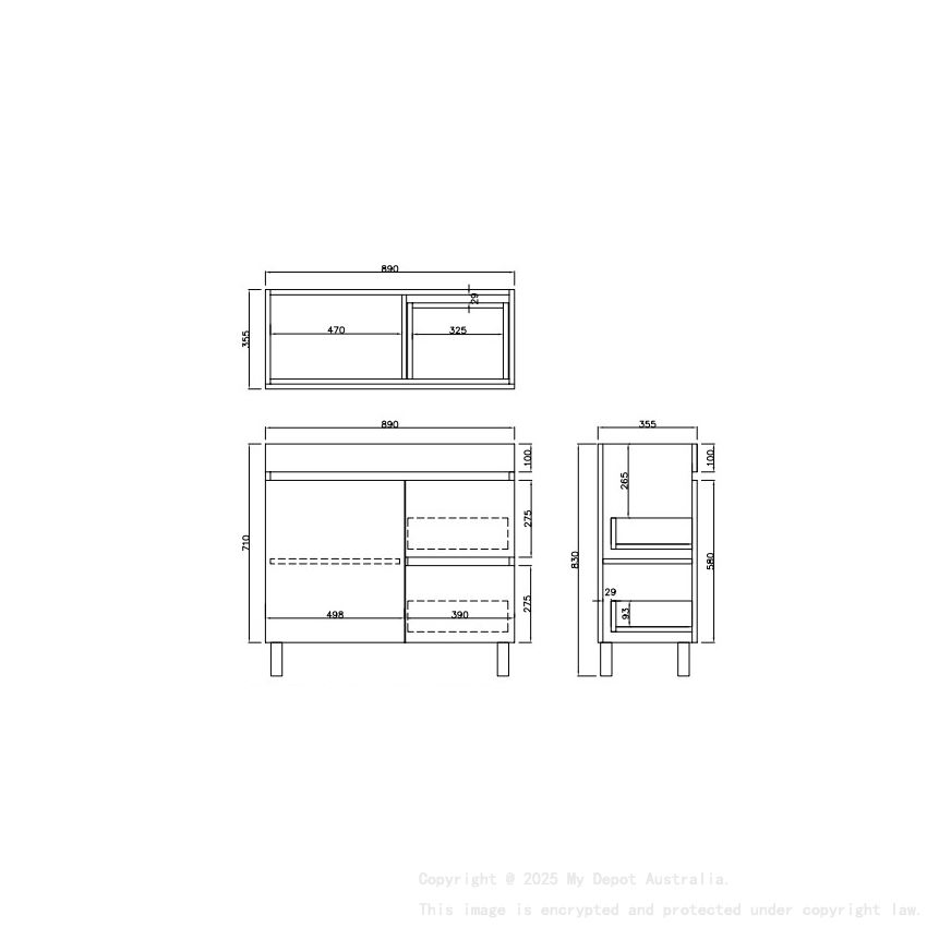 890X355X710mm Camden Modern Free Standing Cabinet Prime Oak Soft Closing Finger Pull Door Right Hand Drawers