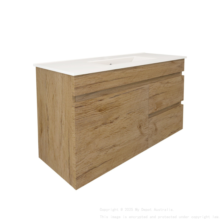 740X370X500mm Camden Modern Wall Hung Cabinet Prime Oak Soft Closing Finger Pull Door Right Hand Drawers