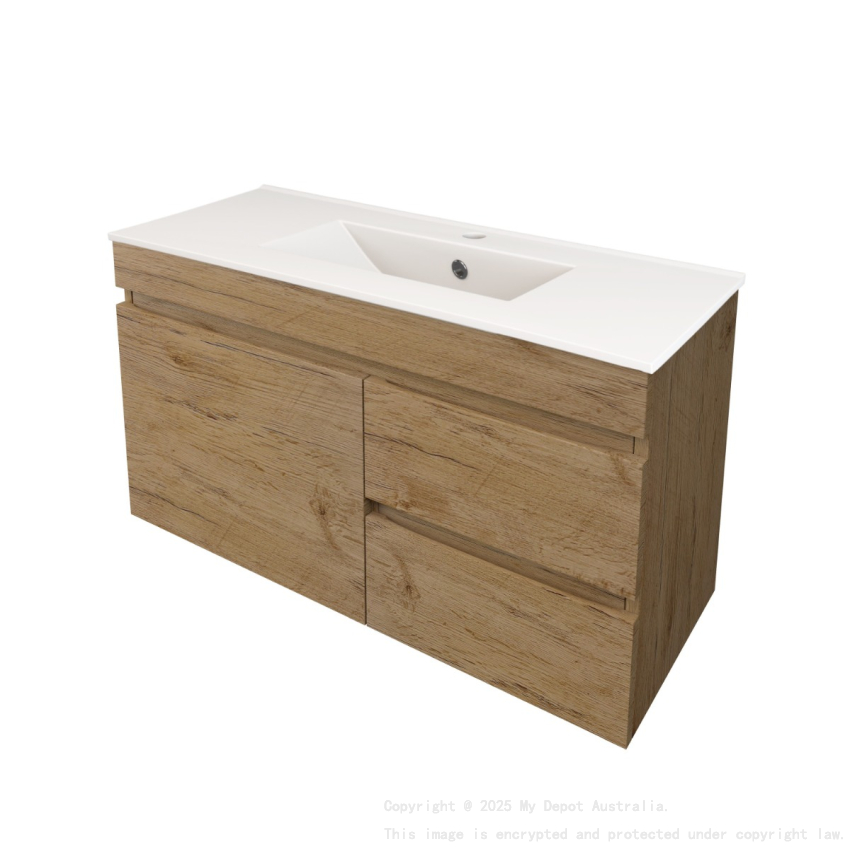 890X370X500mm Camden Modern Wall Hung Cabinet Prime Oak Soft Closing Finger Pull Door Right Hand Drawers