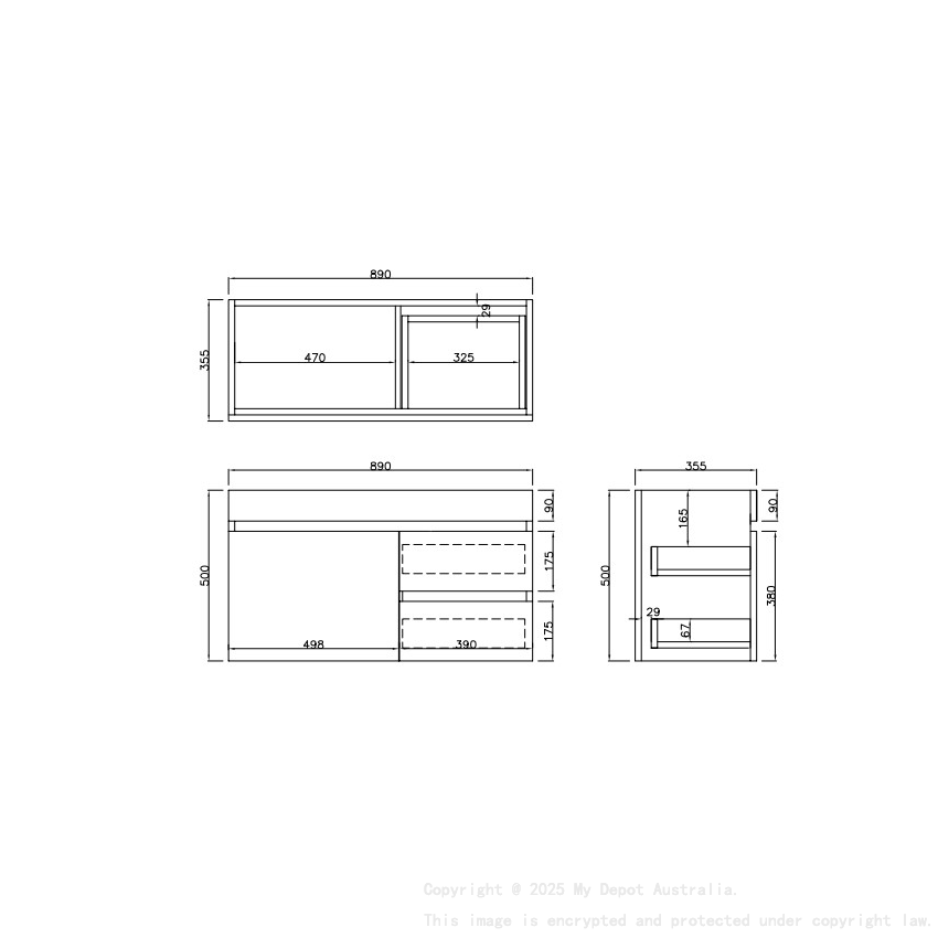 890X370X500mm Camden Modern Wall Hung Cabinet Prime Oak Soft Closing Finger Pull Door Right Hand Drawers