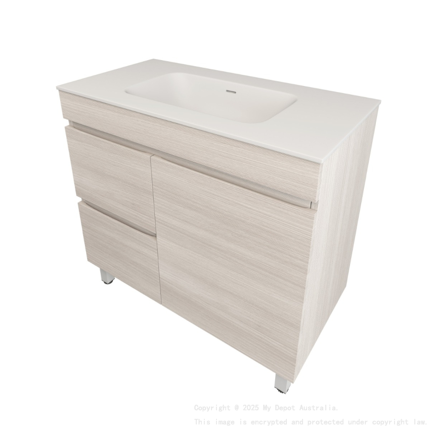 890X455X710mm Camden Modern Free Standing Cabinet Coastal Oak Soft Closing Finger Pull Door Left Hand Drawers