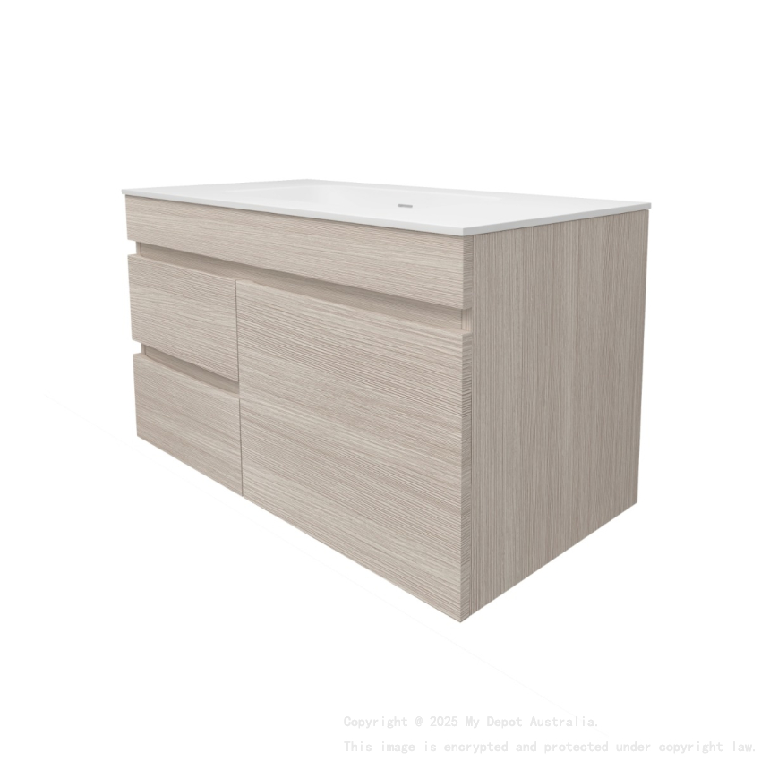 890X455X500mm Camden Mordern Wall Hung Cabinet Coastal Oak Soft Closing Finger Pull Door Left Hand Drawers