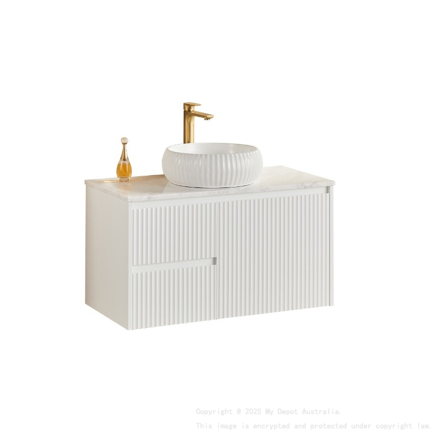 890x455x480mm Matte White Crete Modern Fluted Wall Hung Vanity PVC Cabinet Left Hand Drawers