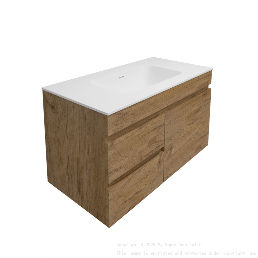 890X455X500mm Camden Mordern Wall Hung Cabinet Prime Oak Soft Closing Finger Pull Door Left Hand Drawers