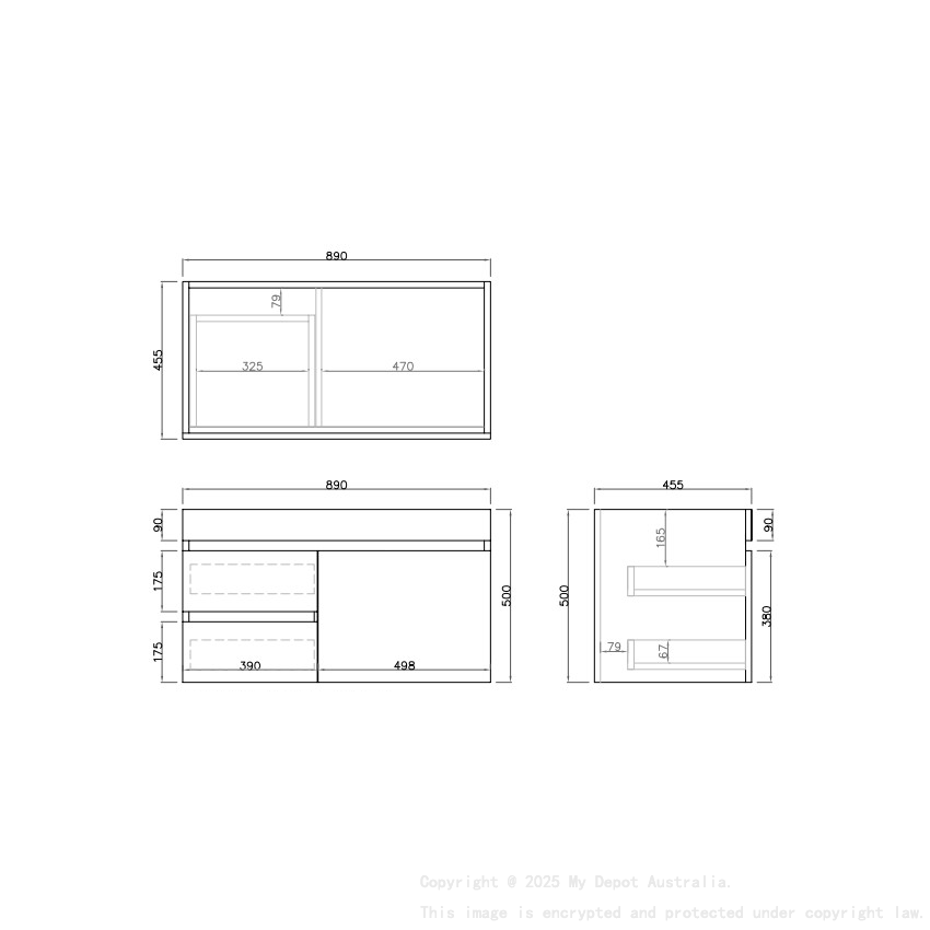 890X455X500mm Camden Mordern Wall Hung Cabinet Prime Oak Soft Closing Finger Pull Door Left Hand Drawers