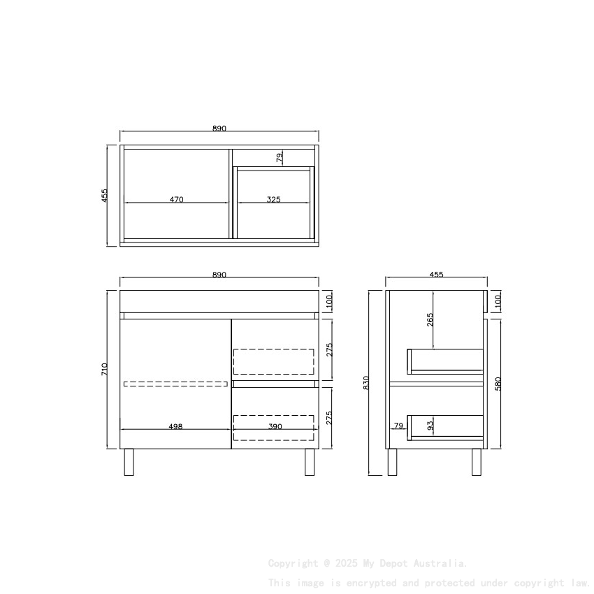 890X455X710mm Camden Modern Free Standing Cabinet Coastal Oak Soft Closing Finger Pull Door Right Hand Drawers