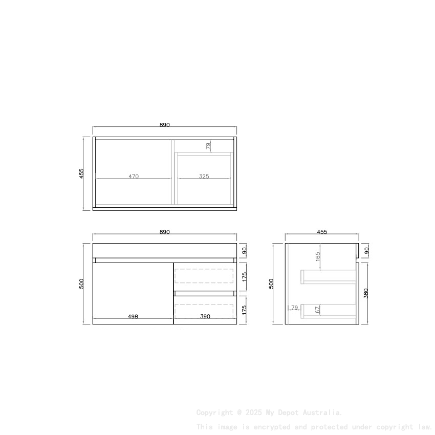 890X455X500mm Camden Mordern Wall Hung Cabinet Coastal Oak Soft Closing Finger Pull Door Right Hand Drawers