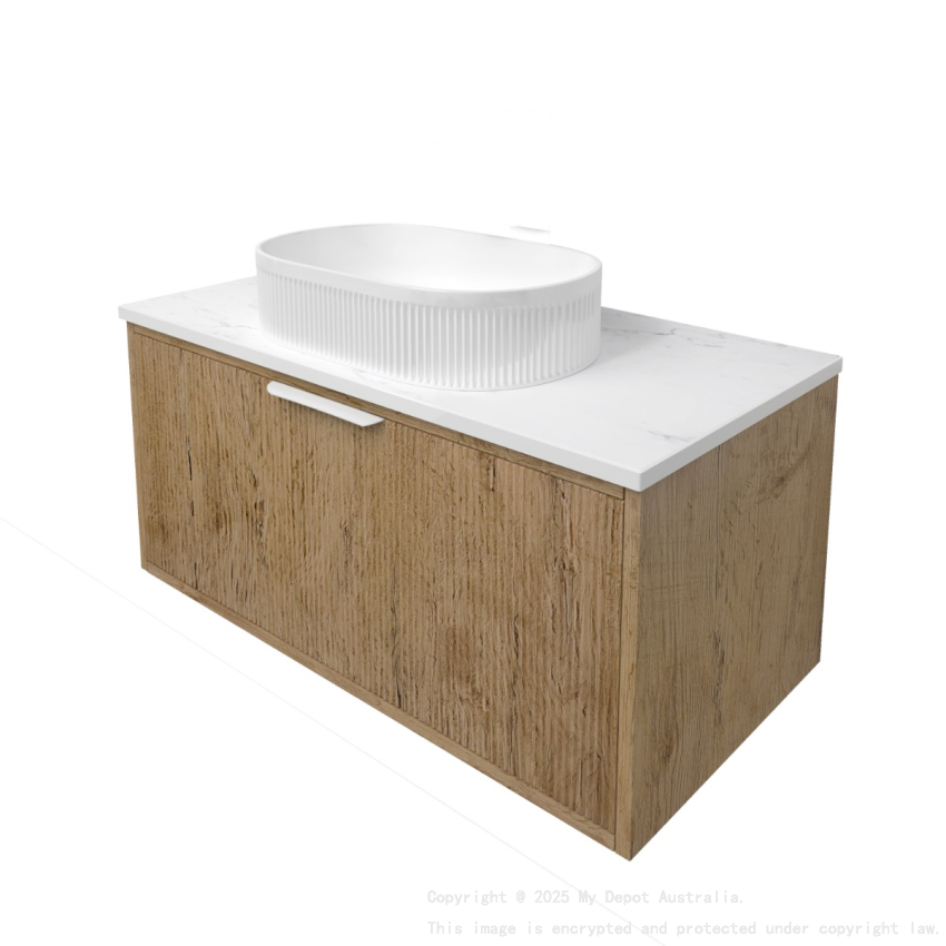 890x455x400mm Kliff Fluted Wood Grain Vanity Prime Oak Soft Closing Drawer Pull Out With Handle