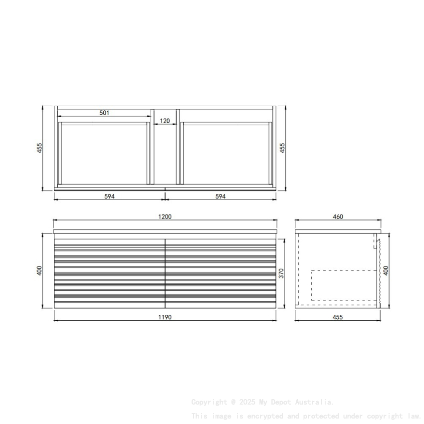 1190x455x400mm Matte Black Sedona Modern Fluted Wall Hung PVC Cabinet For Double Bowl